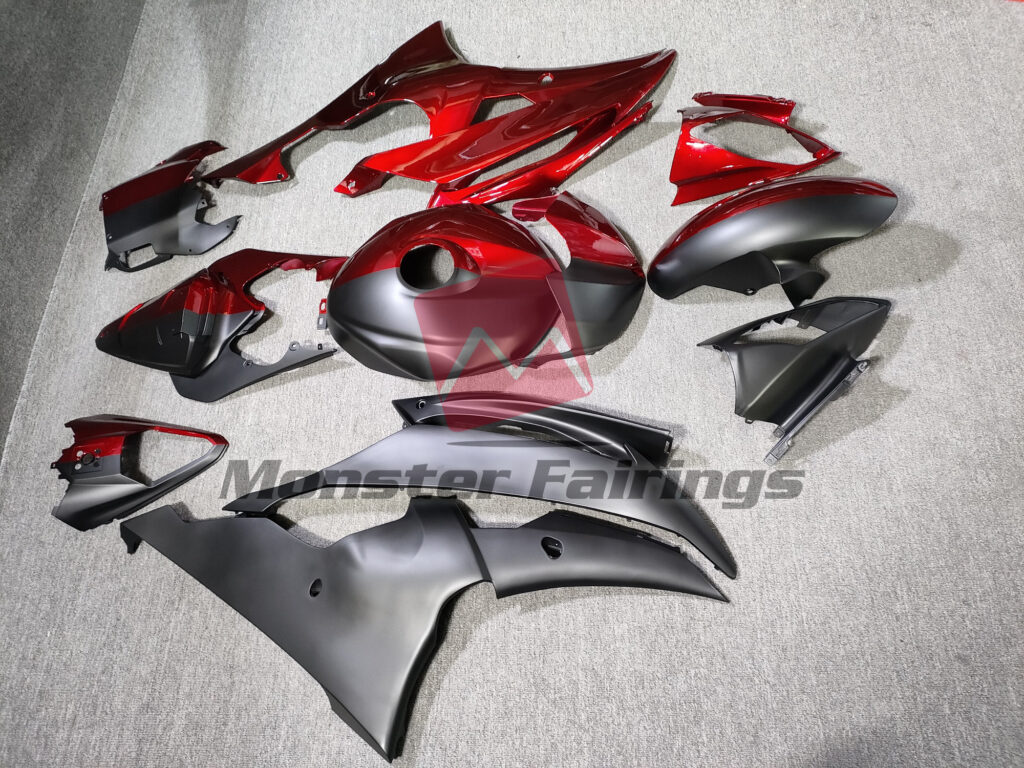 2008 - 2016 Yamaha R6 Matte Black Gloss Candy Red Split fairing set - ABS injection, custom painted by Monster Fairings