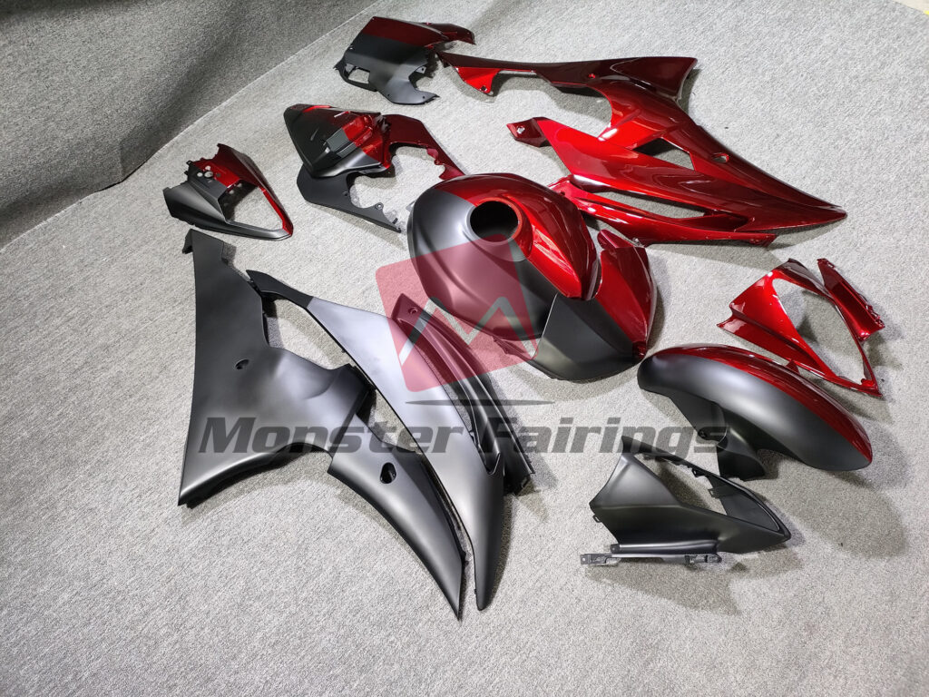 Yamaha R6 custom ABS fairings 2008 - 2016 in Matte Black Gloss Candy Red Split - durable replacement kit, Monster Fairings