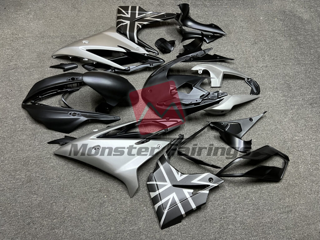 2013 - 2017 Triumph Daytona 675 Matte Black and Metallic Silver fairing set - ABS injection, custom painted by Monster Fairings