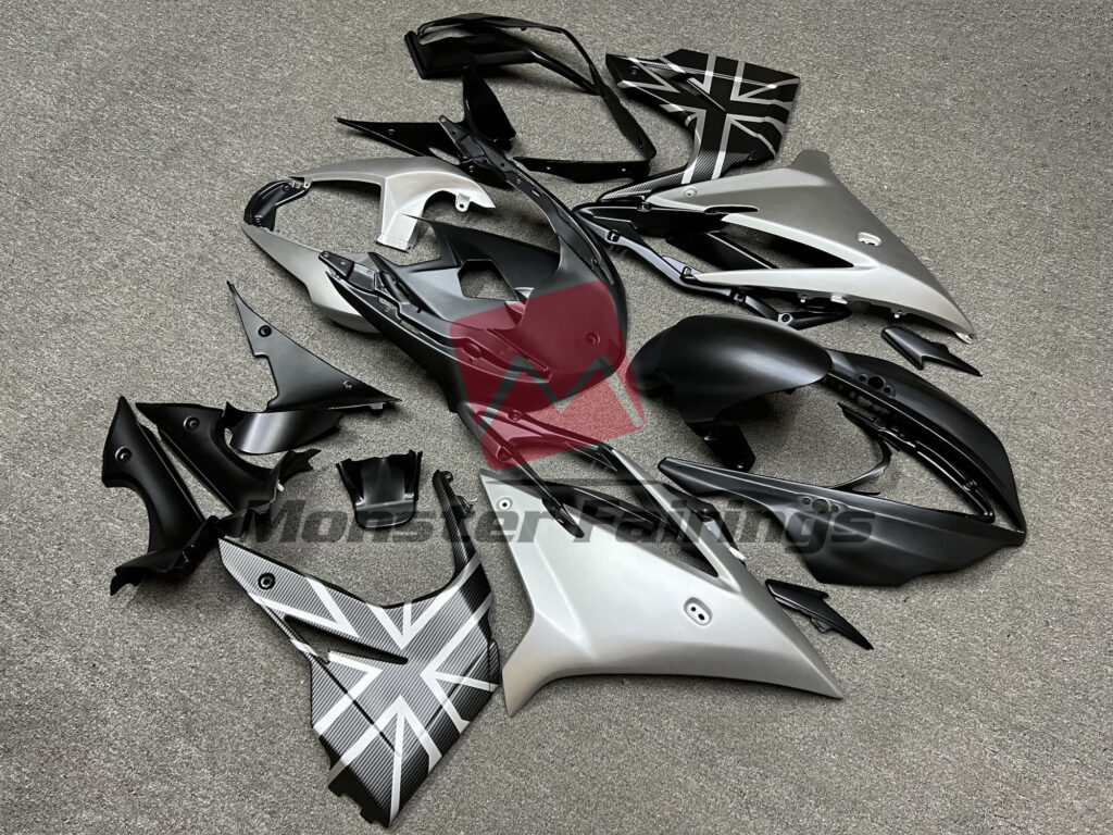 Triumph Daytona 675 custom ABS fairings 2013 - 2017 in Matte Black and Metallic Silver - durable replacement kit, Monster Fairings