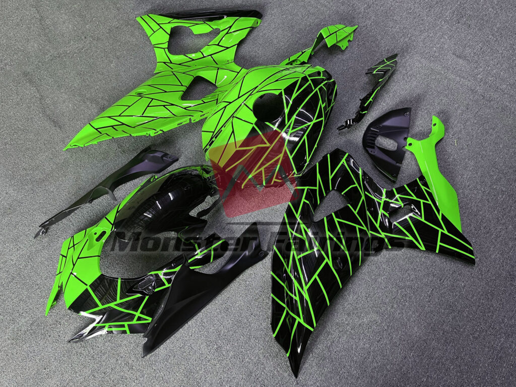 Yamaha R7 custom ABS fairings 2021 - 2025 in Green and Black Split Pattern - durable replacement kit, Monster Fairings