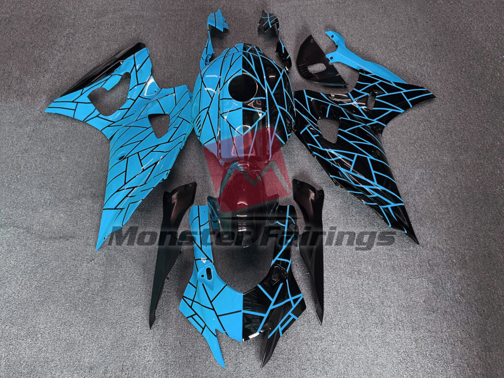 Yamaha R7 2021 - 2025 Light Blue and Black Split Pattern ABS fairings - custom motorcycle bodywork kit by Monster Fairings