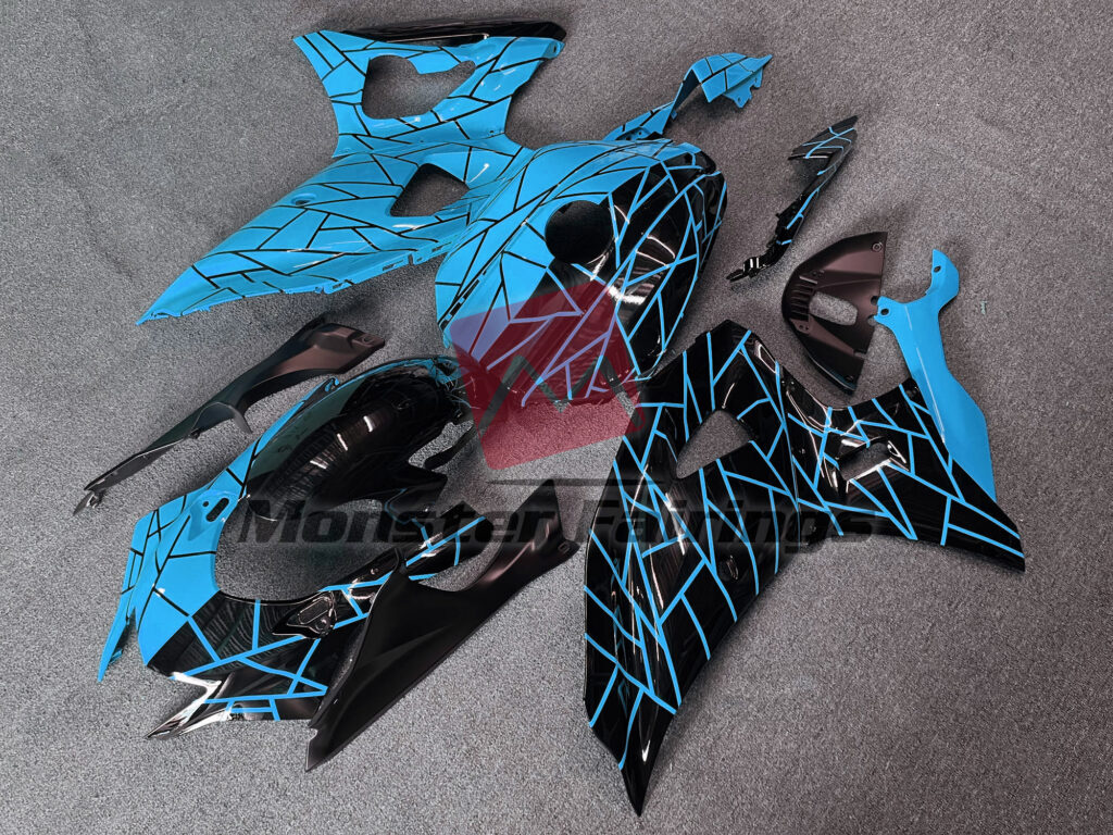Yamaha R7 custom ABS fairings 2021 - 2025 in Light Blue and Black Split Pattern - durable replacement kit, Monster Fairings
