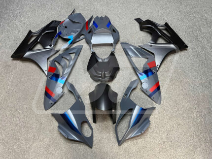 BMW S1000RR 2009-2014 Matte Gray with Red & Blue with Carbon Fiber Style ABS Fairings | Monster Fairings
