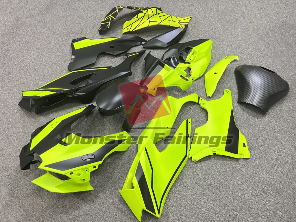 Kawasaki ZX10R custom ABS fairings 2021 - 2025 in Matte Black & and Green Split - durable replacement kit, Monster Fairings