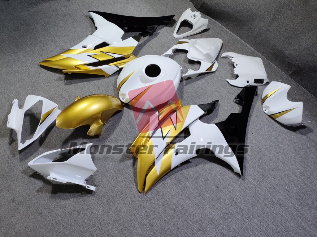 2008 - 2016 Yamaha R6 Gloss White with Black and Gold fairing set - ABS injection, custom painted by Monster Fairings