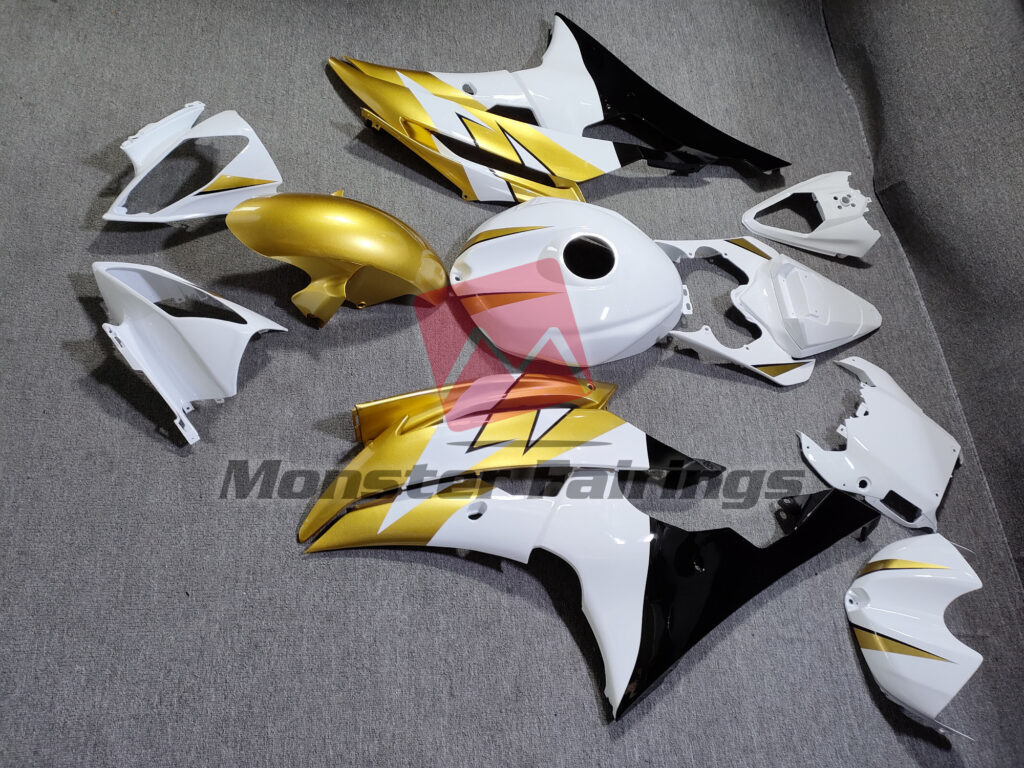 Yamaha R6 custom ABS fairings 2008 - 2016 in Gloss White with Black and Gold - durable replacement kit, Monster Fairings