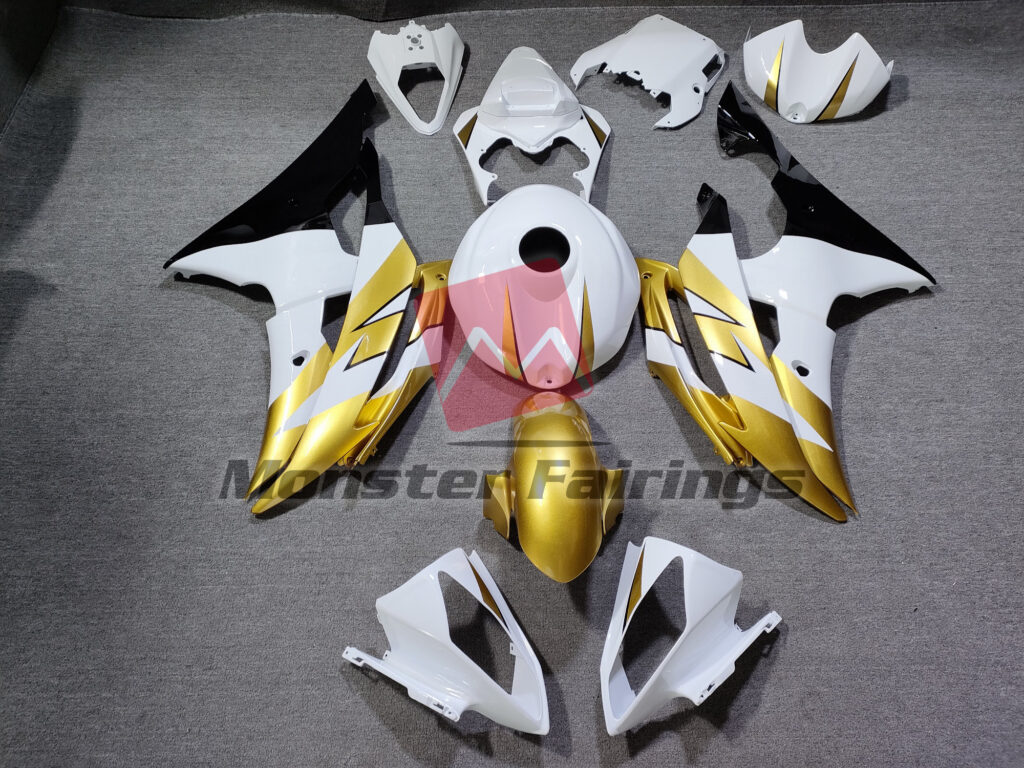 Yamaha R6 2008 - 2016 Gloss White with Black and Gold ABS fairings - custom motorcycle bodywork kit by Monster Fairings