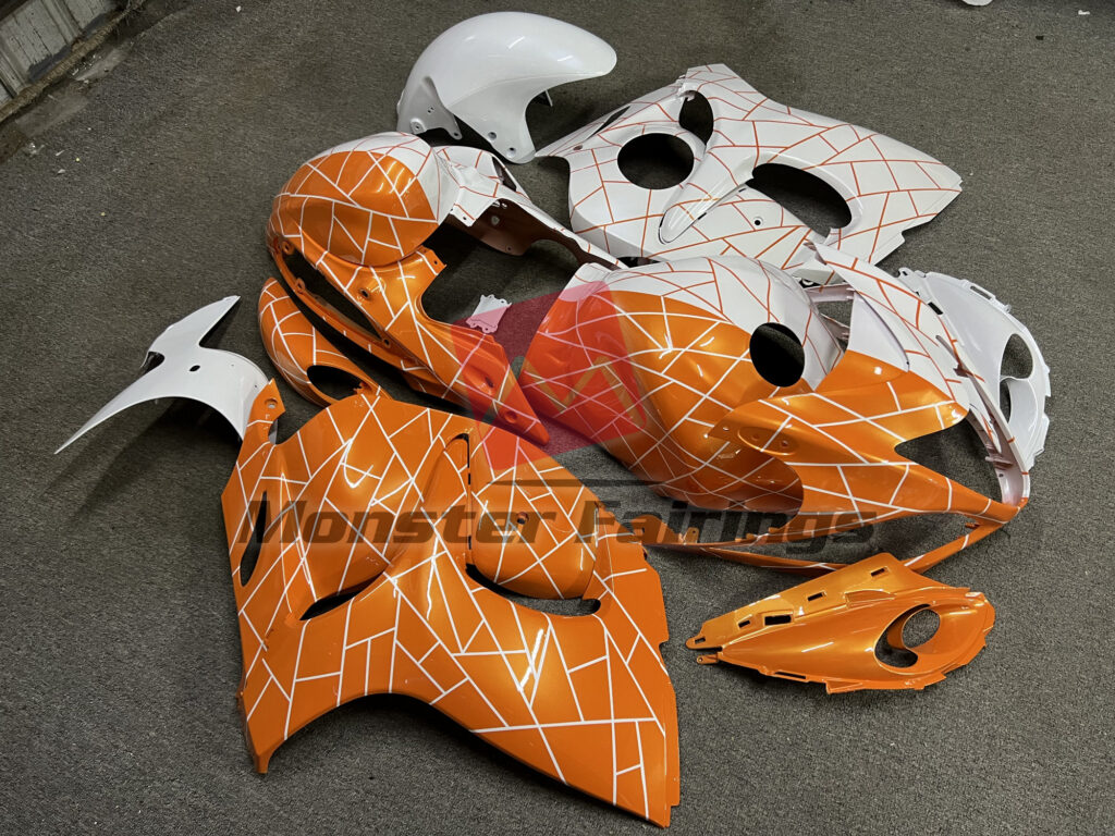 2008 - 2020 Suzuki GSXR 1300 Pearl White and Orange fairing set - ABS injection, custom painted by Monster Fairings