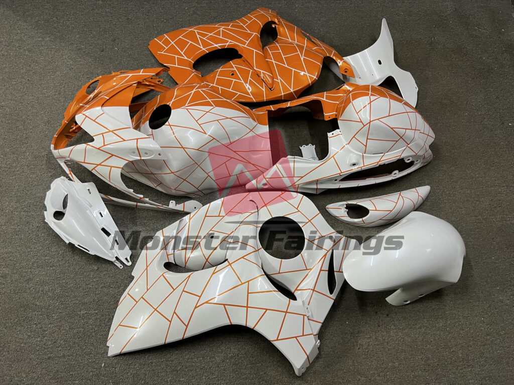 Suzuki GSXR 1300 custom ABS fairings 2008 - 2020 in Pearl White and Orange - durable replacement kit, Monster Fairings