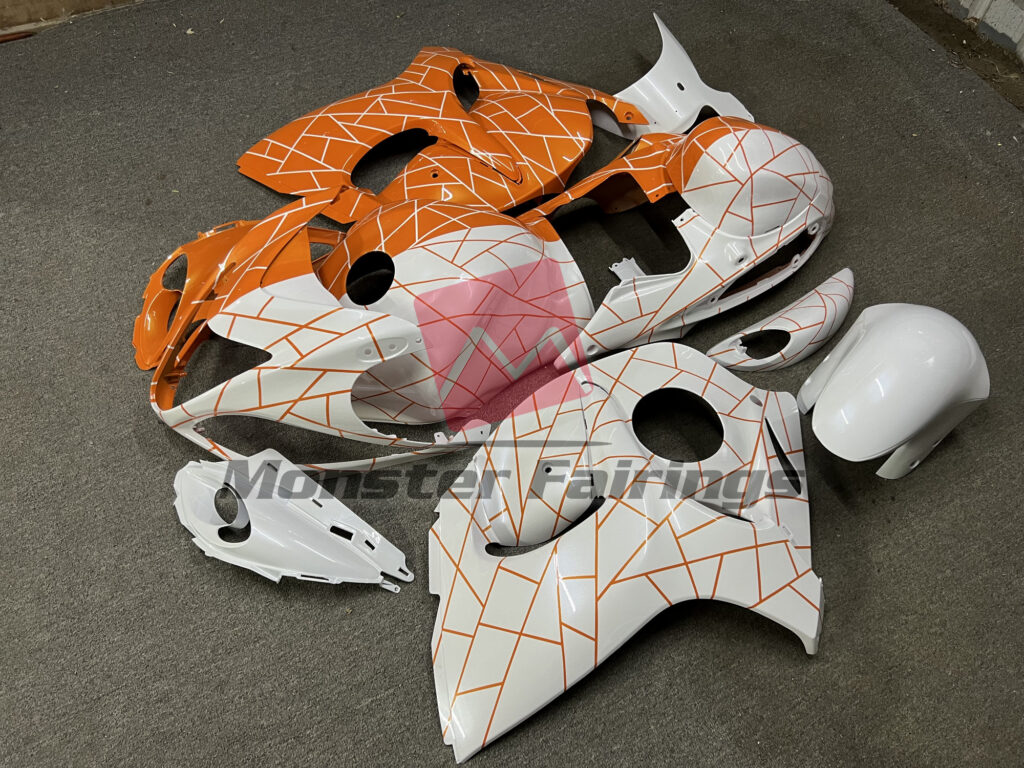Pearl White and Orange ABS fairings for Suzuki GSXR 1300 2008 - 2020 - premium OEM fit kit by Monster Fairings