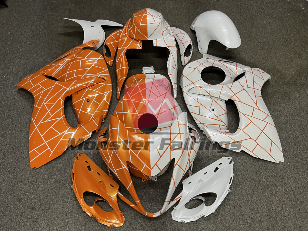 Suzuki GSXR 1300 2008 - 2020 Pearl White and Orange ABS fairings - custom motorcycle bodywork kit by Monster Fairings