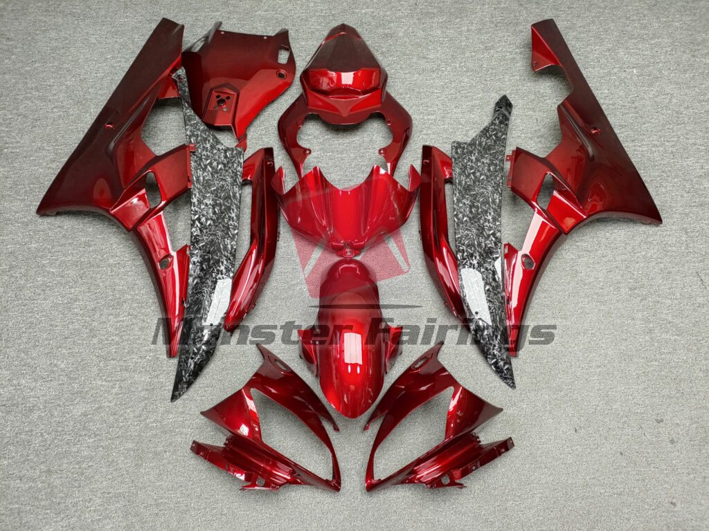 Yamaha R6 2006 - 2007 Gloss Maroon Red with Forged Carbon Fiber Style ABS fairings - custom motorcycle bodywork kit by Monster Fairings