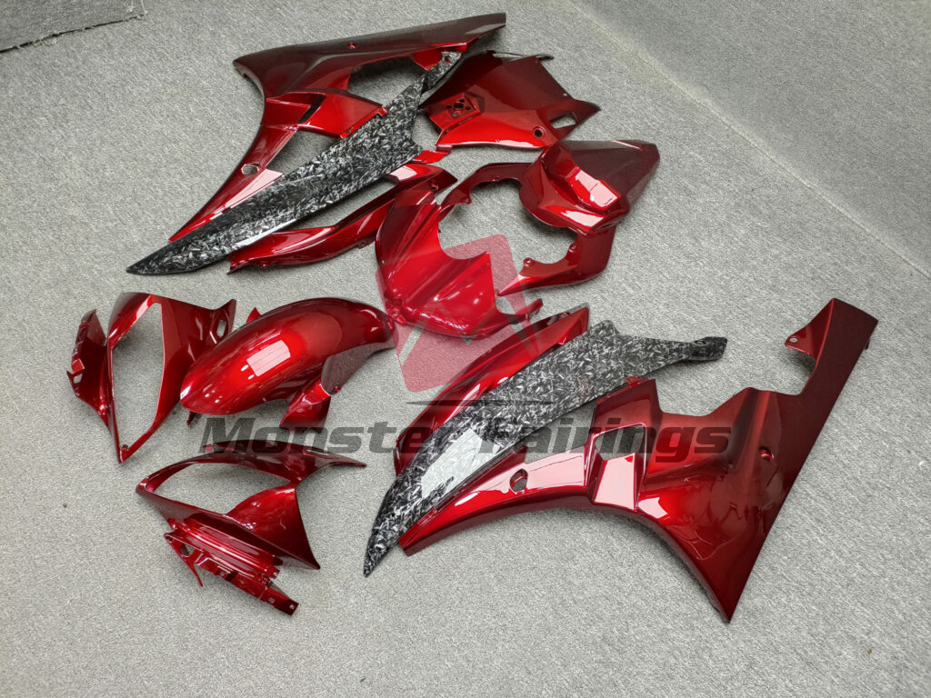 2006 - 2007 Yamaha R6 Gloss Maroon Red with Forged Carbon Fiber Style fairing set - ABS injection, custom painted by Monster Fairings