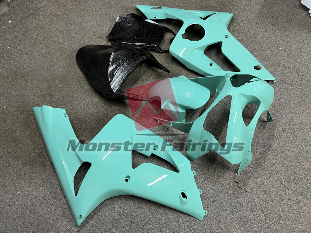 2003 - 2004 Kawasaki ZX6R Gloss Cyan Plain with Forged Carbon Fiber fairing set - ABS injection, custom painted by Monster Fairings