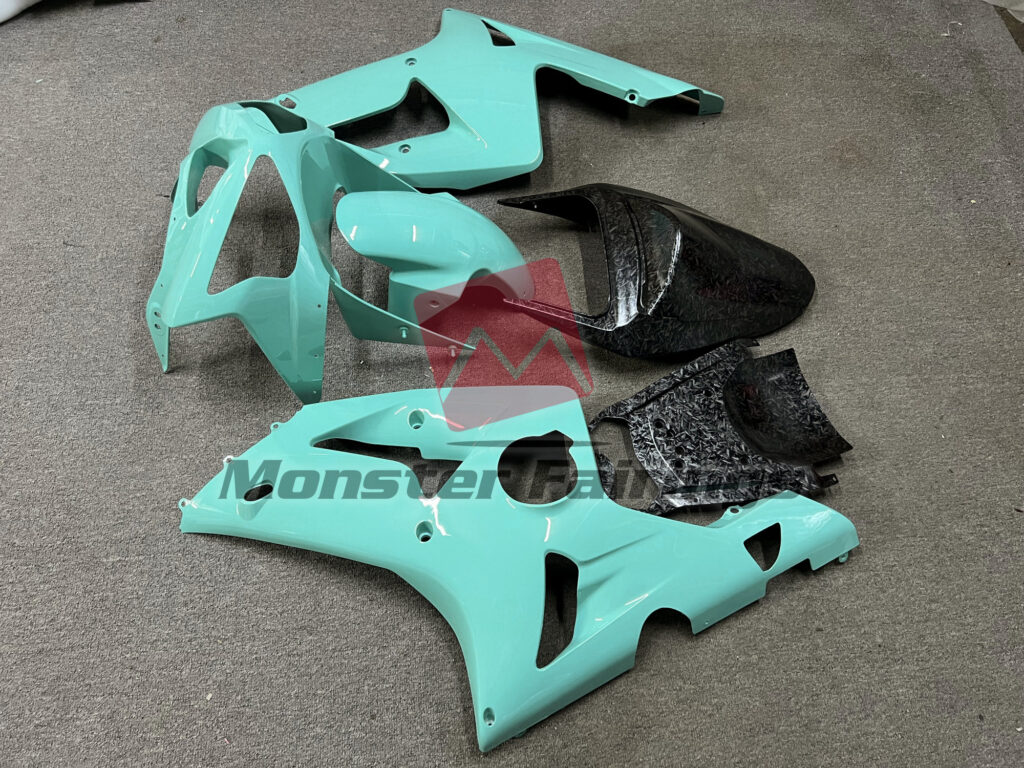 Kawasaki ZX6R custom ABS fairings 2003 - 2004 in Gloss Cyan Plain with Forged Carbon Fiber - durable replacement kit, Monster Fairings