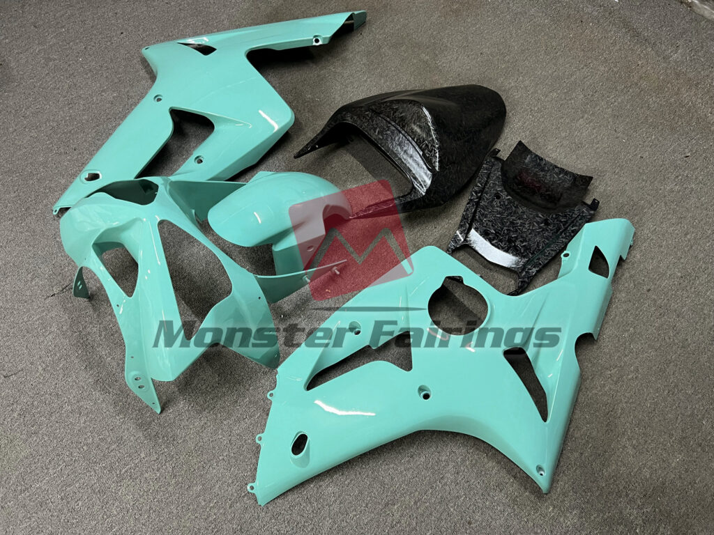 Gloss Cyan Plain with Forged Carbon Fiber ABS fairings for Kawasaki ZX6R 2003 - 2004 - premium OEM fit kit by Monster Fairings