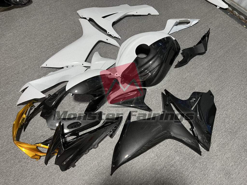 2011 - 2025 Suzuki GSXR 600 - 750 Gloss Black and White Carbon Fiber Style Split fairing set - ABS injection, custom painted by Monster Fairings