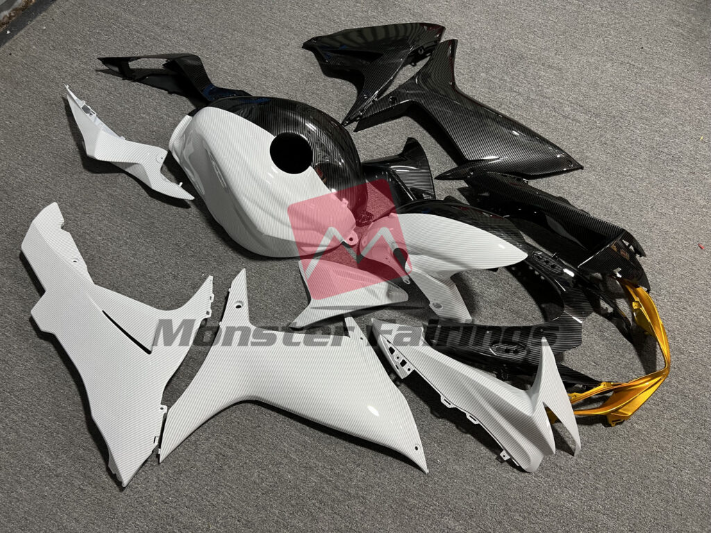 Suzuki GSXR 600 - 750 custom ABS fairings 2011 - 2025 in Gloss Black and White Carbon Fiber Style Split - durable replacement kit, Monster Fairings