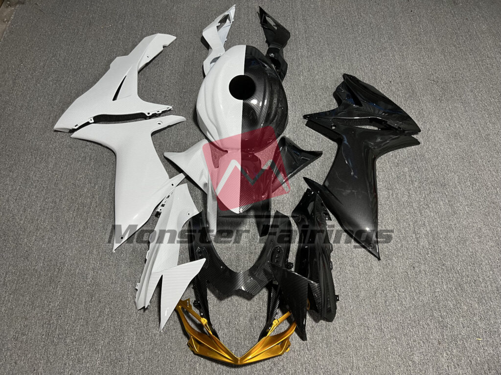Suzuki GSXR 600 - 750 2011 - 2025 Gloss Black and White Carbon Fiber Style Split ABS fairings - custom motorcycle bodywork kit by Monster Fairings