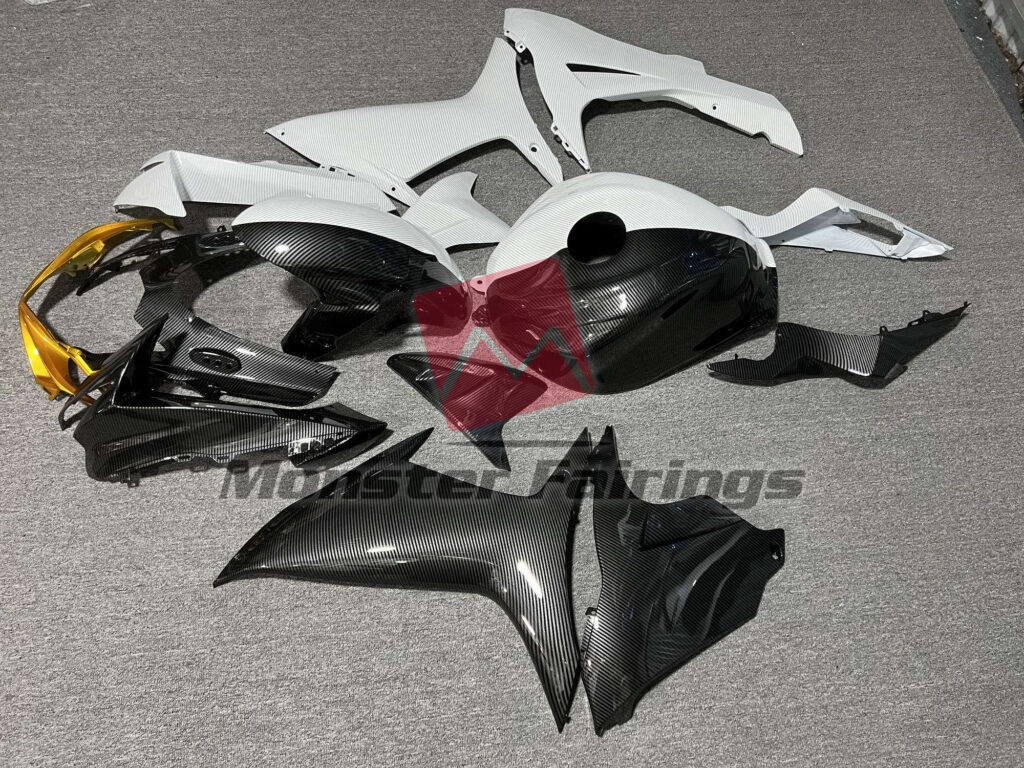 Gloss Black and White Carbon Fiber Style Split ABS fairings for Suzuki GSXR 600 - 750 2011 - 2025 - premium OEM fit kit by Monster Fairings