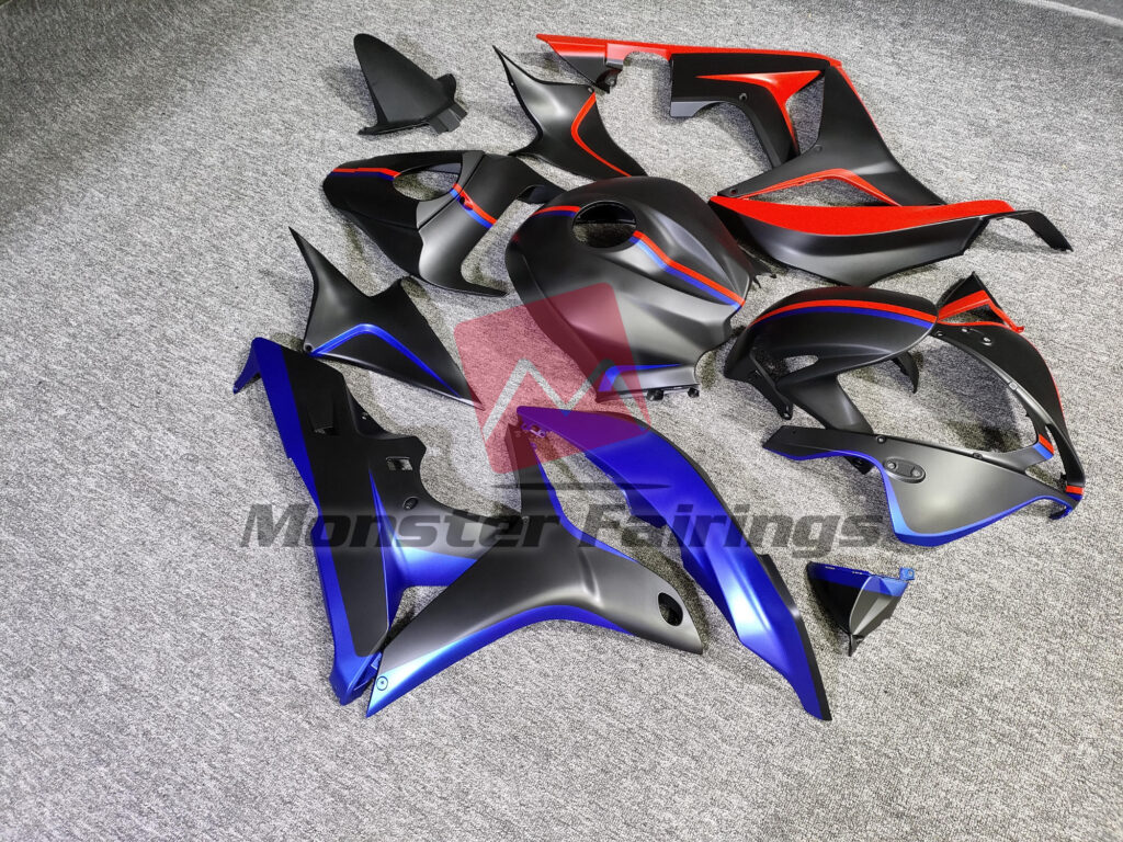 2007 - 2008 Honda CBR600RR Matte Black with Blue and Red Accents fairing set - ABS injection, custom painted by Monster Fairings