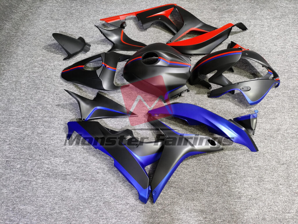 Honda CBR600RR custom ABS fairings 2007 - 2008 in Matte Black with Blue and Red Accents - durable replacement kit, Monster Fairings