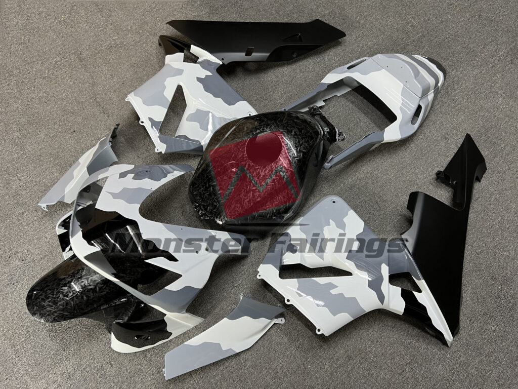 Gloss Snow Camo & and Forged Carbon Fiber ABS fairings for Honda CBR600RR 2003 - 2004 - premium OEM fit kit by Monster Fairings