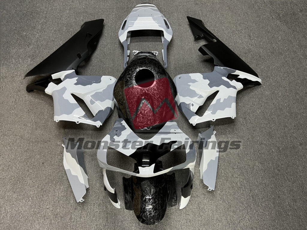 Honda CBR600RR 2003 - 2004 Gloss Snow Camo & and Forged Carbon Fiber ABS fairings - custom motorcycle bodywork kit by Monster Fairings