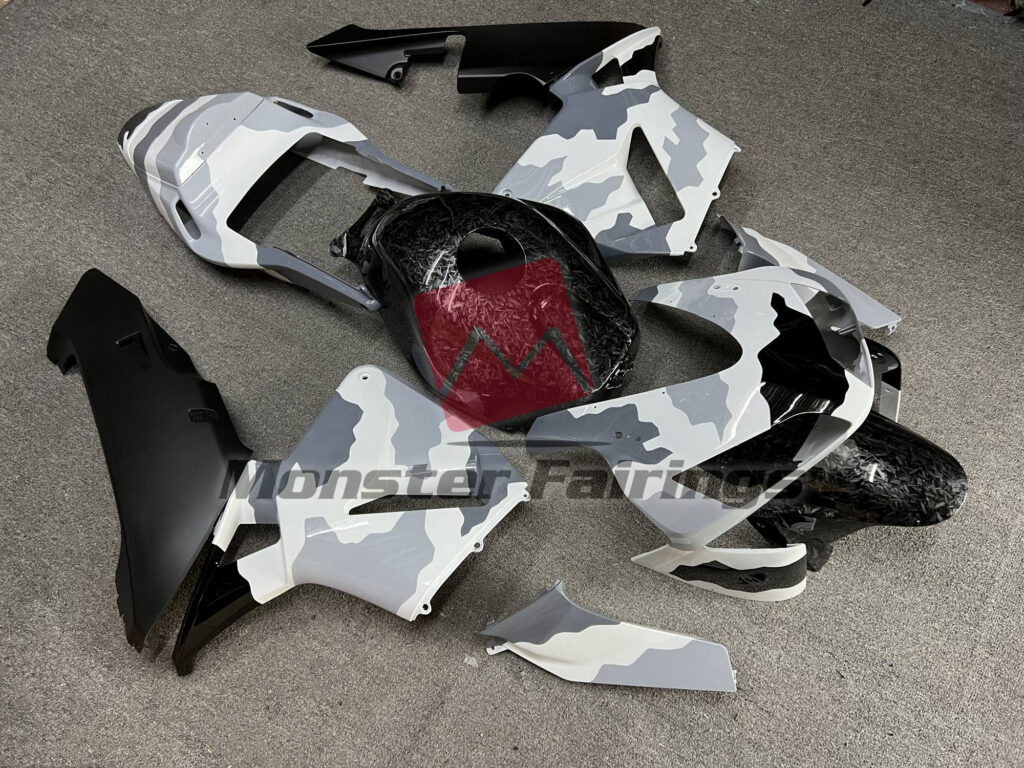 Honda CBR600RR custom ABS fairings 2003 - 2004 in Gloss Snow Camo & and Forged Carbon Fiber - durable replacement kit, Monster Fairings