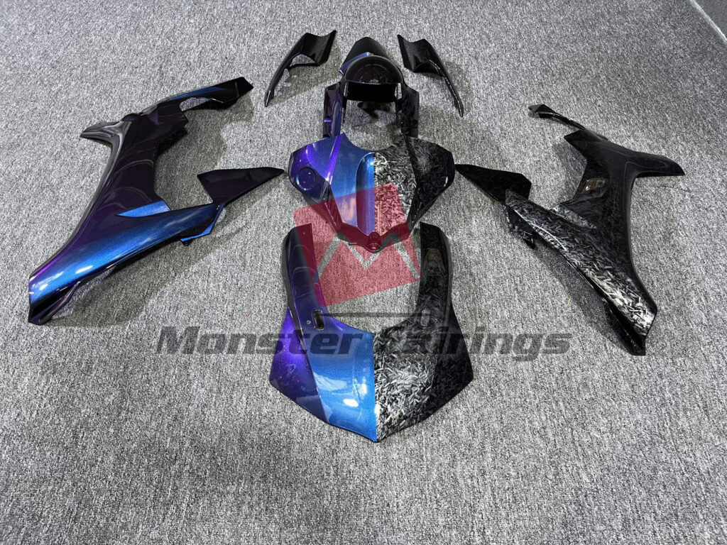 Yamaha R1 2015 - 2019 Forged Carbon Fiber Style and Iridescent Blue ABS fairings - custom motorcycle bodywork kit by Monster Fairings