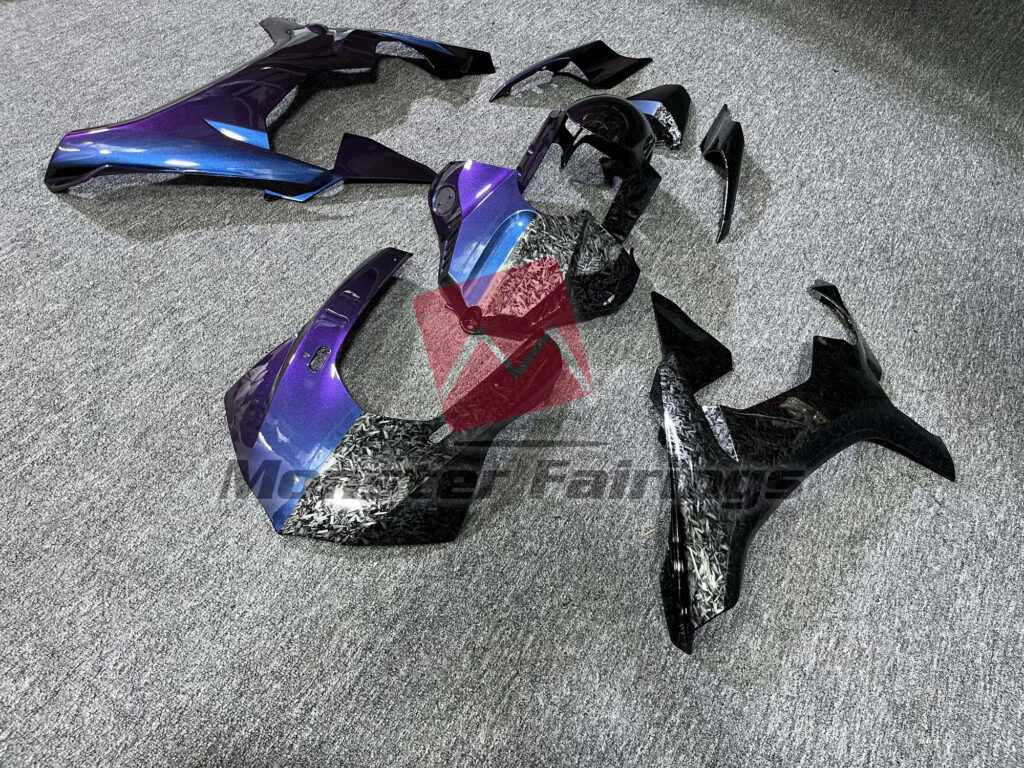 Yamaha R1 custom ABS fairings 2015 - 2019 in Forged Carbon Fiber Style and Iridescent Blue - durable replacement kit, Monster Fairings
