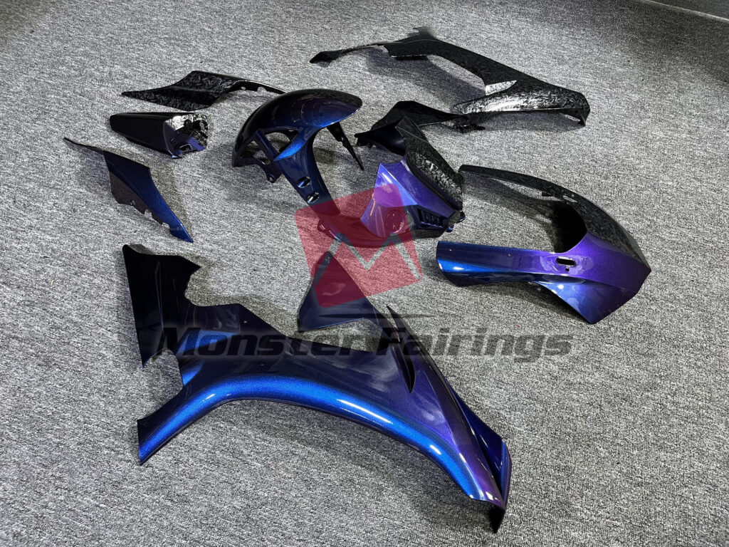 Forged Carbon Fiber Style and Iridescent Blue ABS fairings for Yamaha R1 2015 - 2019 - premium OEM fit kit by Monster Fairings