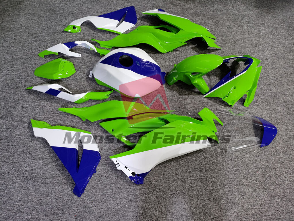 2019 - 2023 Kawasaki ZX6R Bright Lime Green with Blue and White fairing set - ABS injection, custom painted by Monster Fairings