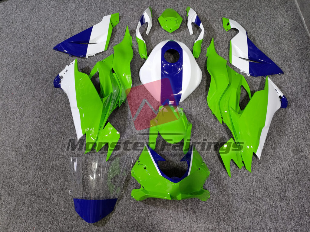 Kawasaki ZX6R 2019 - 2023 Bright Lime Green with Blue and White ABS fairings - custom motorcycle bodywork kit by Monster Fairings