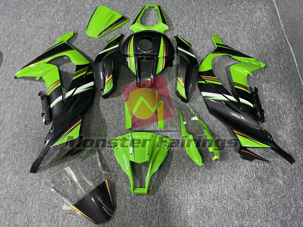 Gloss Lizard Green & and Gold with Carbon Fiber Style ABS fairings for Kawasaki ZX10R 2011 - 2015 - premium OEM fit kit by Monster Fairings