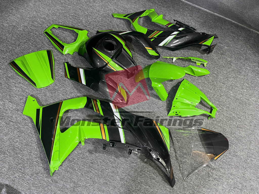 Kawasaki ZX10R custom ABS fairings 2011 - 2015 in Gloss Lizard Green & and Gold with Carbon Fiber Style - durable replacement kit, Monster Fairings