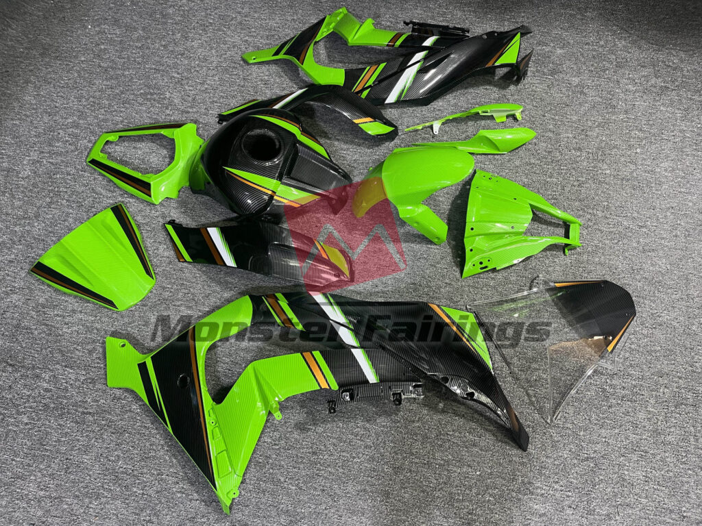 2011 - 2015 Kawasaki ZX10R Gloss Lizard Green & and Gold with Carbon Fiber Style fairing set - ABS injection, custom painted by Monster Fairings