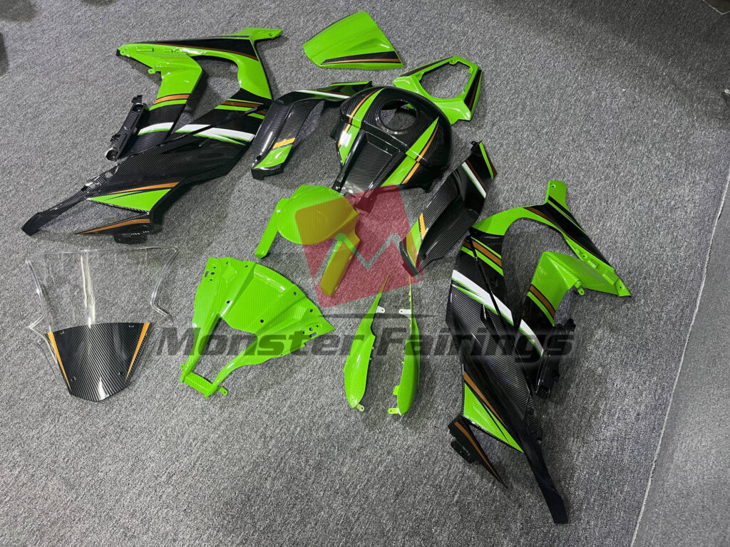 Monster Fairings ABS fairing kit for Kawasaki ZX10R 2011 - 2015 - Gloss Lizard Green & and Gold with Carbon Fiber Style, precise OEM fit