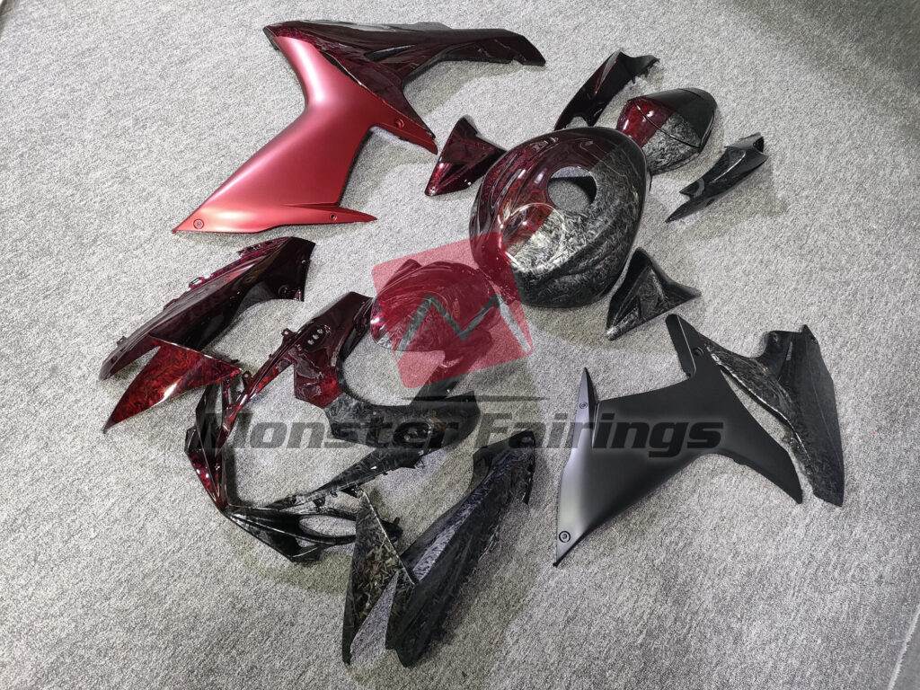 Gloss Forged Carbon Fiber Style & with Red Split ABS fairings for Suzuki GSXR 600 - 750 2011 - 2025 - premium OEM fit kit by Monster Fairings
