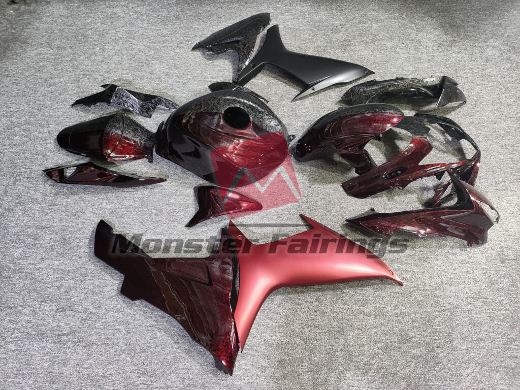 Suzuki GSXR 600 - 750 custom ABS fairings 2011 - 2025 in Gloss Forged Carbon Fiber Style & with Red Split - durable replacement kit, Monster Fairings