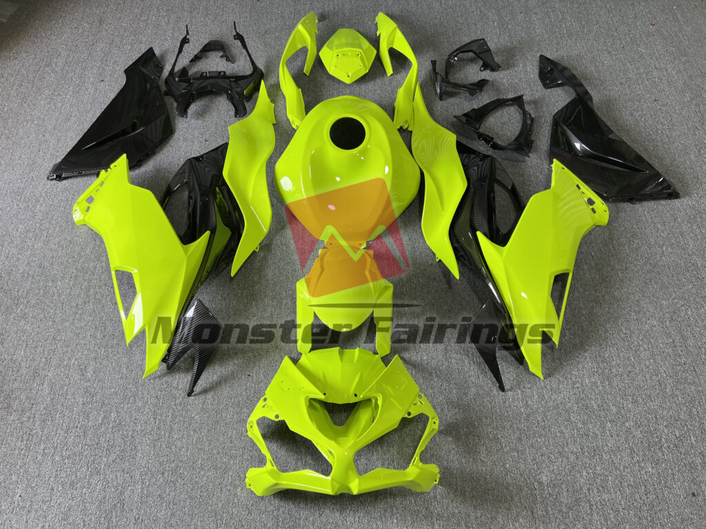 Kawasaki ZX6R 2019 - 2023 Gloss High Vis Yellow with Carbon Fiber ABS fairings - custom motorcycle bodywork kit by Monster Fairings