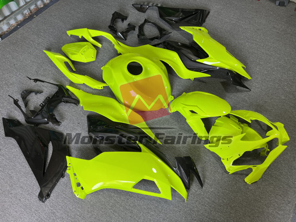 Gloss High Vis Yellow with Carbon Fiber ABS fairings for Kawasaki ZX6R 2019 - 2023 - premium OEM fit kit by Monster Fairings