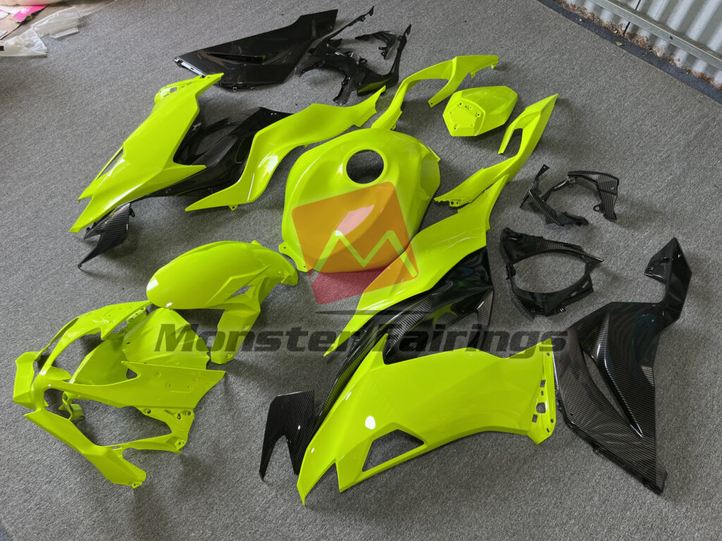 Kawasaki ZX6R custom ABS fairings 2019 - 2023 in Gloss High Vis Yellow with Carbon Fiber - durable replacement kit, Monster Fairings