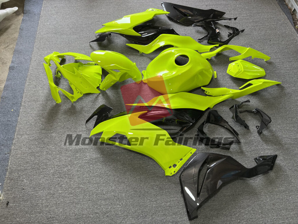 2019 - 2023 Kawasaki ZX6R Gloss High Vis Yellow with Carbon Fiber fairing set - ABS injection, custom painted by Monster Fairings