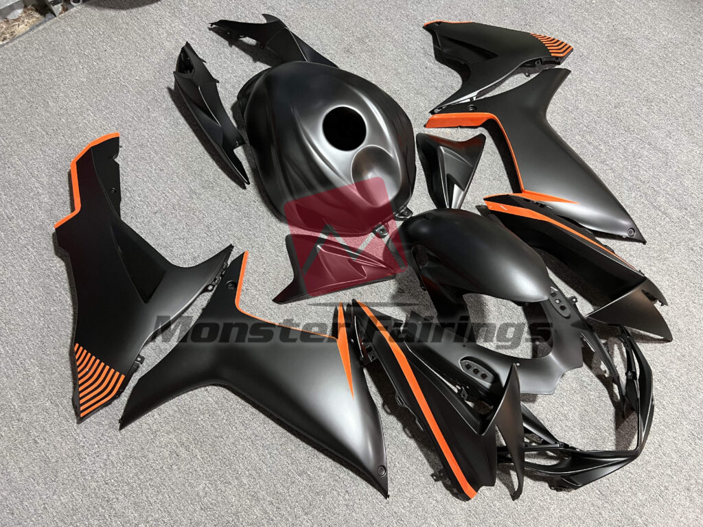 Suzuki GSXR 600 - 750 custom ABS fairings 2011 - 2025 in Matte Black with Gloss Orange - durable replacement kit, Monster Fairings