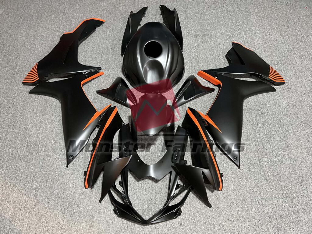 Suzuki GSXR 600 - 750 2011 - 2025 Matte Black with Gloss Orange ABS fairings - custom motorcycle bodywork kit by Monster Fairings