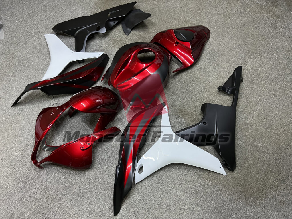 2007 - 2008 Honda CBR600RR Deep Red with Matte Black & and Gloss White fairing set - ABS injection, custom painted by Monster Fairings