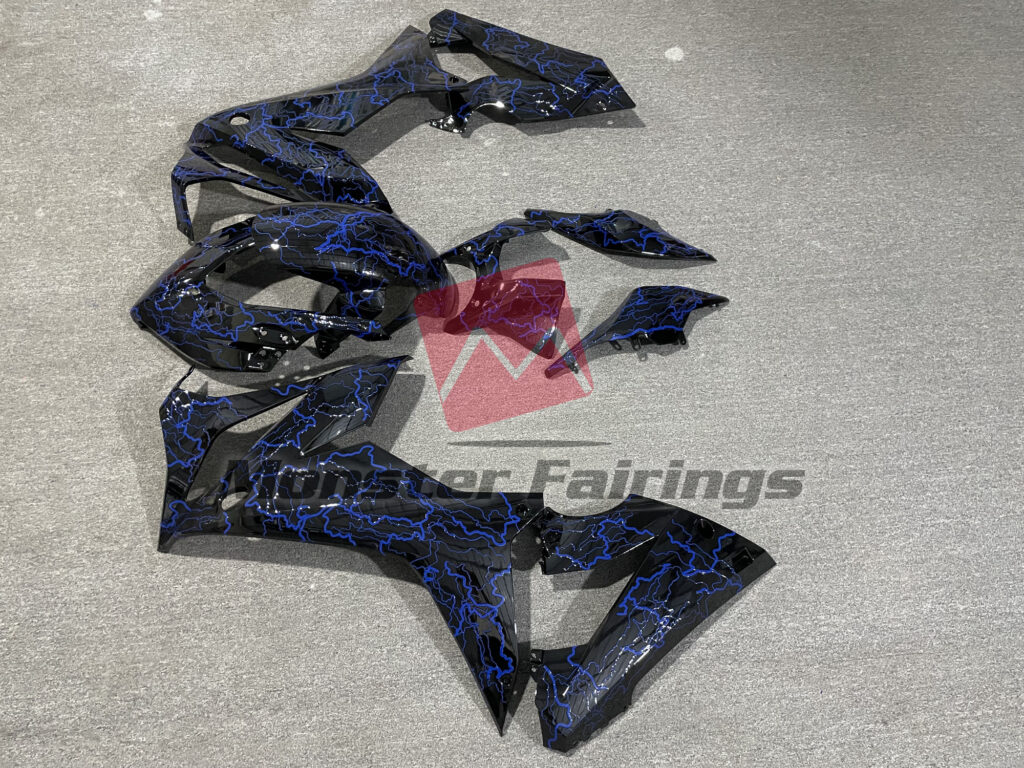 Monster Fairings ABS fairing kit for Honda CBR650R 2019 - 2020 - Gloss Black with Blue Lightnings, precise OEM fit