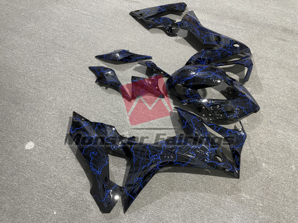 2019 - 2020 Honda CBR650R Gloss Black with Blue Lightnings fairing set - ABS injection, custom painted by Monster Fairings